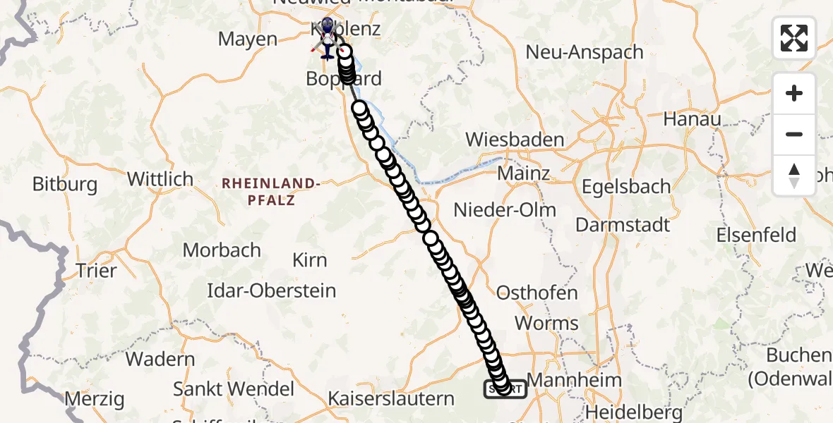 Flugroute Polizeihubschrauber Bad Dürkheim - Koblenz-Winningen Flugplatz, 31 Juli 2026, 22:24