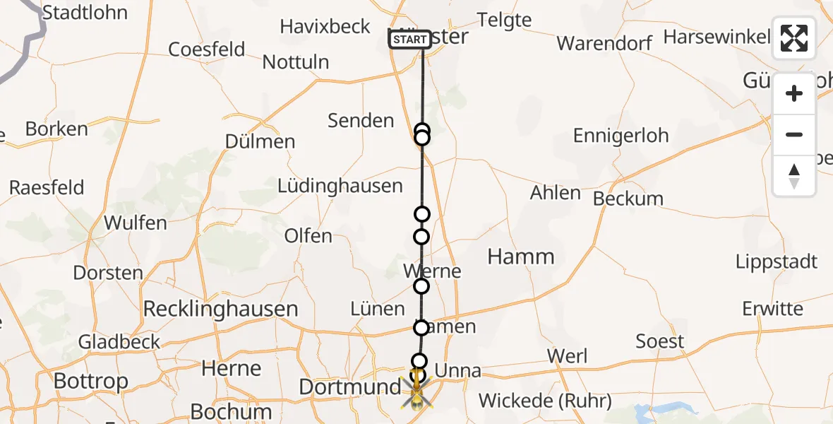 Flugroute Rettungshubschrauber Münster - Dortmund Flughafen, 31 Juli 2026, 22:30