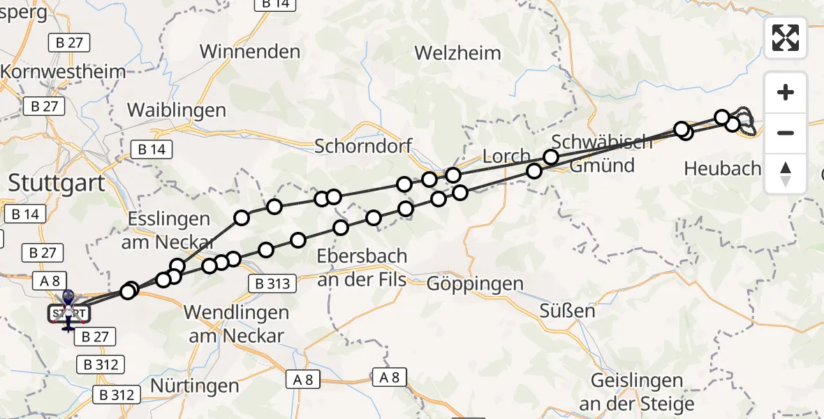 Flugroute Polizeihubschrauber Flughafen Stuttgart - Flughafen Stuttgart, 31 Juli 2026, 22:34
