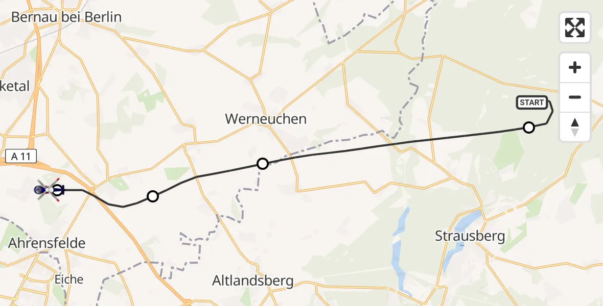 Flugroute Polizeihubschrauber Prötzel - Ahrensfelde Hubschrauberlandeplatz, 31 Juli 2026, 22:39