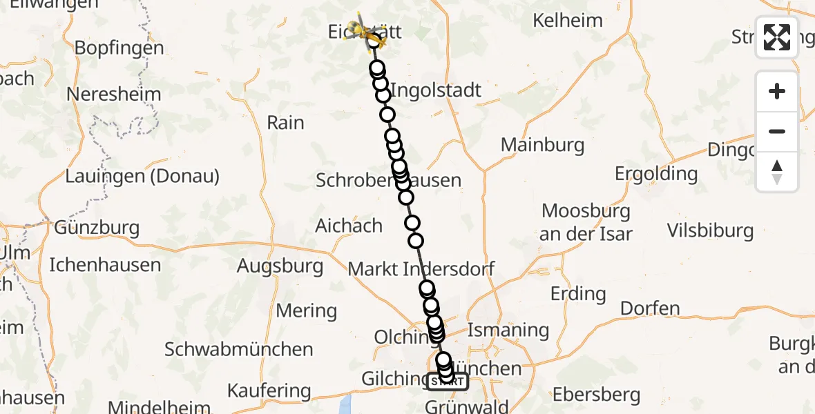 Flugroute Rettungshubschrauber DRF Air Rescue München Hubschrauberlandeplatz - Eichstätt, 31 Juli 2026, 22:47