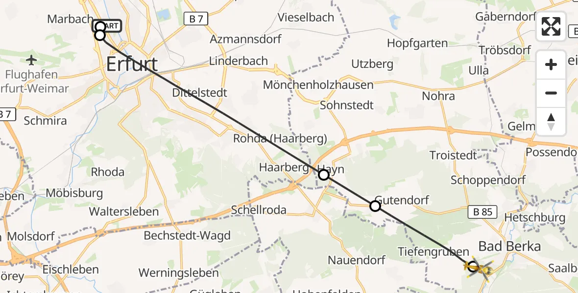 Flugroute Ambulanzhubschrauber Helios Clinic Erfurt - DRF Rettungsstation Bad Berka Hubschrauberlandeplatz, 31 Juli 2026, 23:16