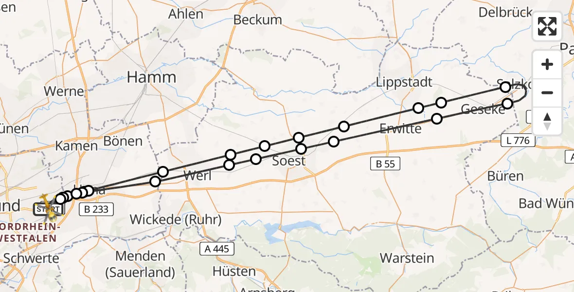 Flugroute Rettungshubschrauber Dortmund Flughafen - Dortmund Flughafen, 31 Juli 2026, 23:21