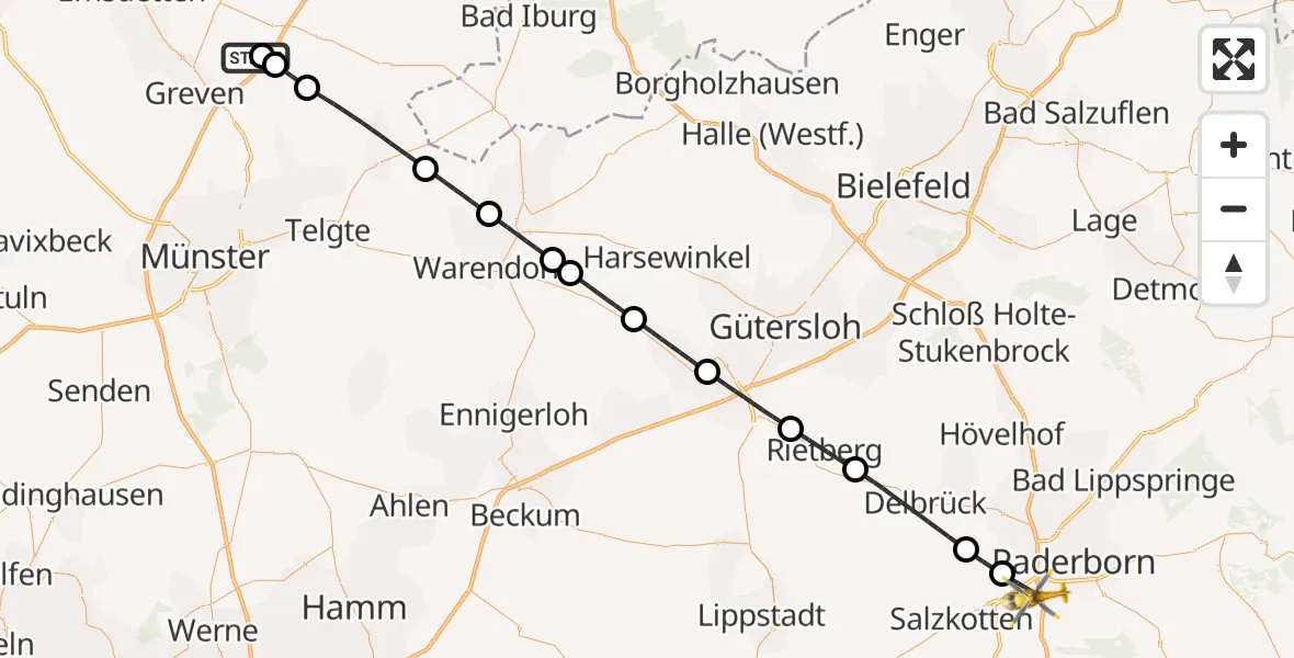 Flugroute Ambulanzhubschrauber Christoph  Westfalen-ADAC - Paderborn, 31 Juli 2026, 23:23