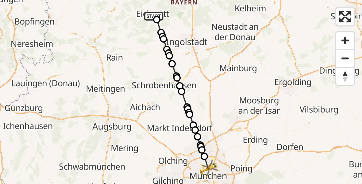 Flugroute Rettungshubschrauber Eichstätt - München, 31 Juli 2026, 23:30