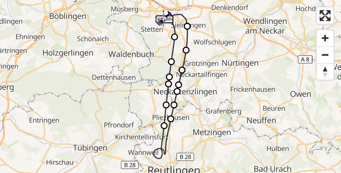 Flugroute Polizeihubschrauber Flughafen Stuttgart - Flughafen Stuttgart, 31 Juli 2026, 23:35