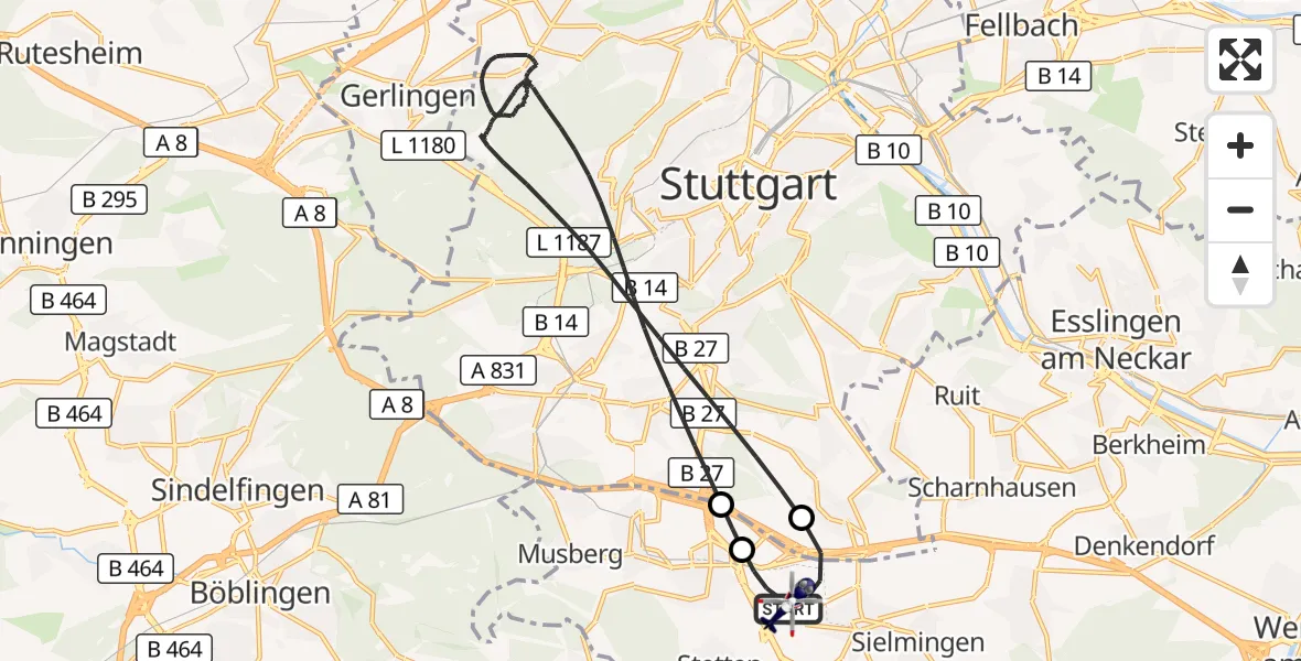 Flugroute Polizeihubschrauber Flughafen Stuttgart - Flughafen Stuttgart, 01 August 2026, 00:35
