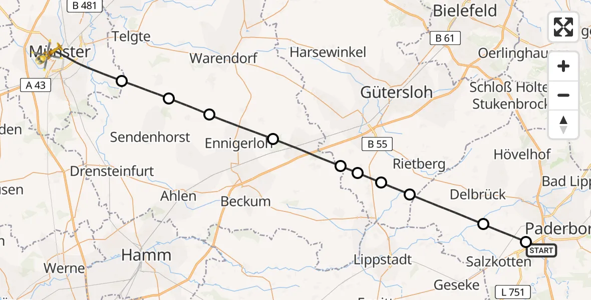 Flugroute Ambulanzhubschrauber Paderborn - Münster, 01 August 2026, 00:52