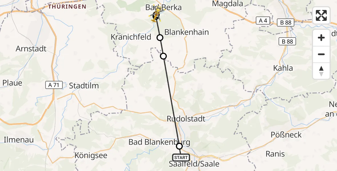 Flugroute Ambulanzhubschrauber Saalfeld/Saale - Bad Berka Central Hospital, 01 August 2026, 04:13