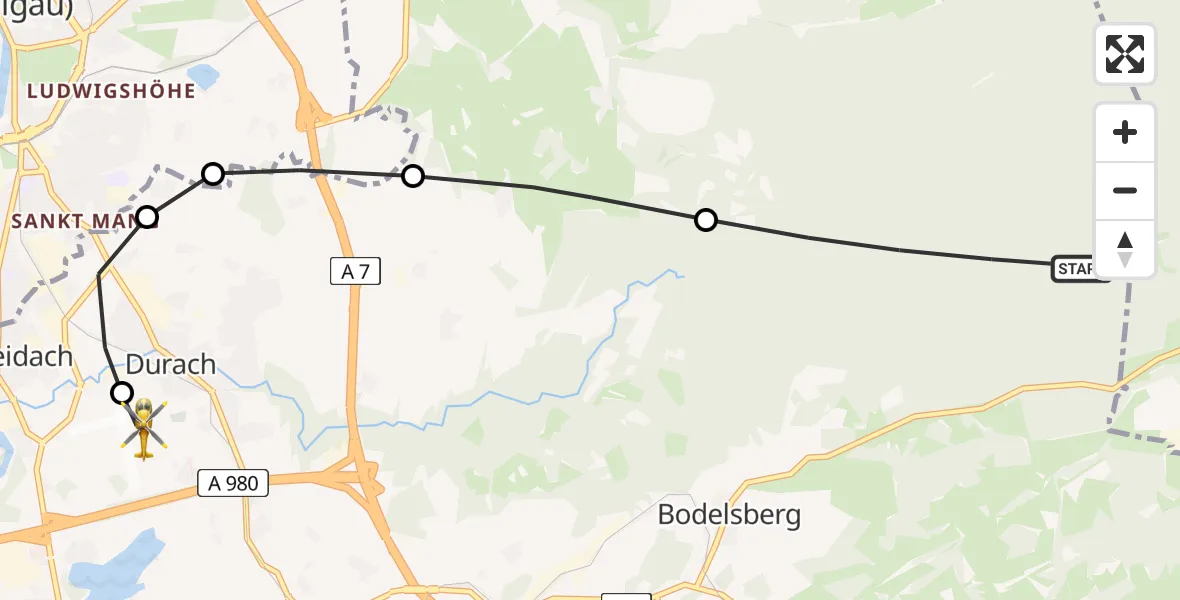 Flugroute Rettungshubschrauber Kempter Wald - Kempten-Durach Flugplatz, 01 August 2026, 06:10