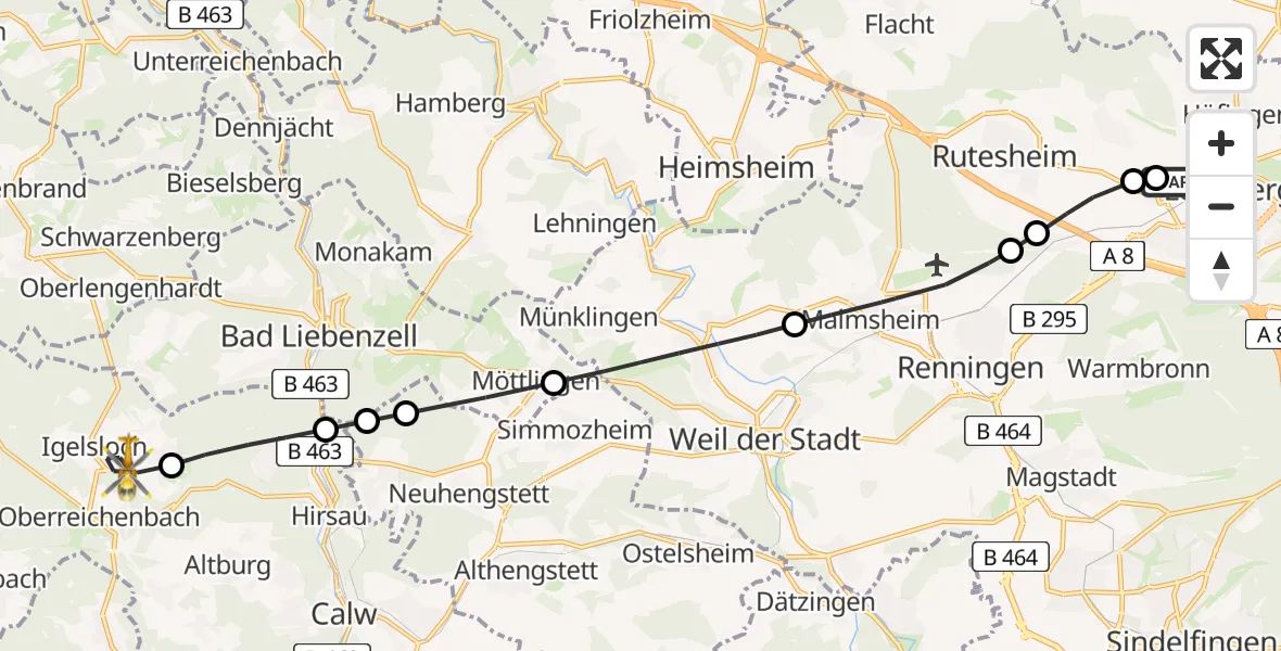 Flugroute Rettungshubschrauber Leonberg Hospital - Oberreichenbach, 01 August 2026, 06:13