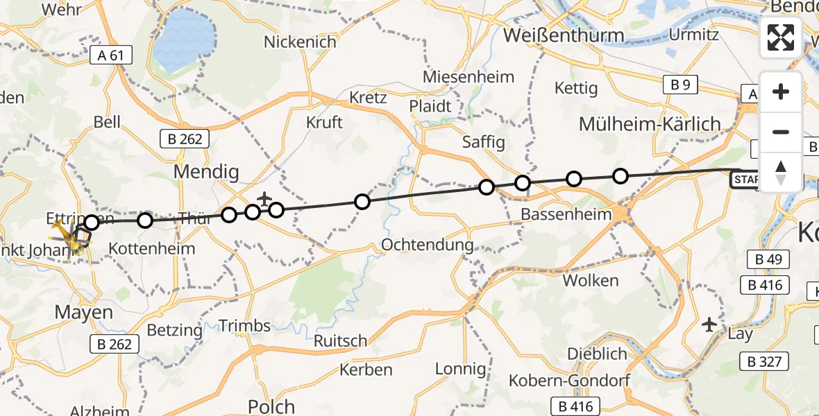 Flugroute Rettungshubschrauber Koblenz - Ettringen, 01 August 2026, 06:44