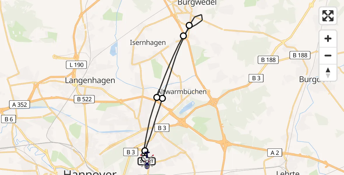 Flugroute Polizeihubschrauber Hannover Luftrettung Hubschrauberlandeplatz (Christoph 4) - Hannover Luftrettung Hubschrauberlandeplatz (Christoph 4), 01 August 2026, 07:05