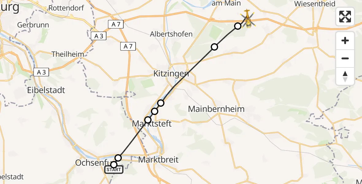 Flugroute Rettungshubschrauber Ochsenfurt Hospital - Kleinlangheim, 01 August 2026, 07:51