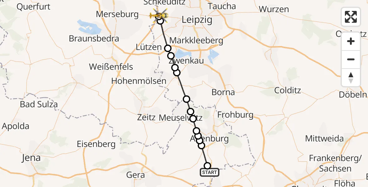 Flugroute Rettungshubschrauber Gößnitz - ADAC Air Rescue Station Leipzig/Schkeuditz-Dölzig Hubschrauberlandeplatz (Christoph 61), 01 August 2026, 07:52