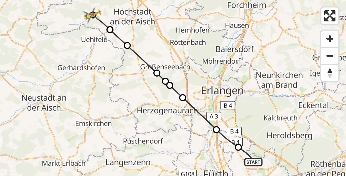 Flugroute Ambulanzhubschrauber Flughafen Nuremberg - Vestenbergsgreuth, 01 August 2026, 08:06