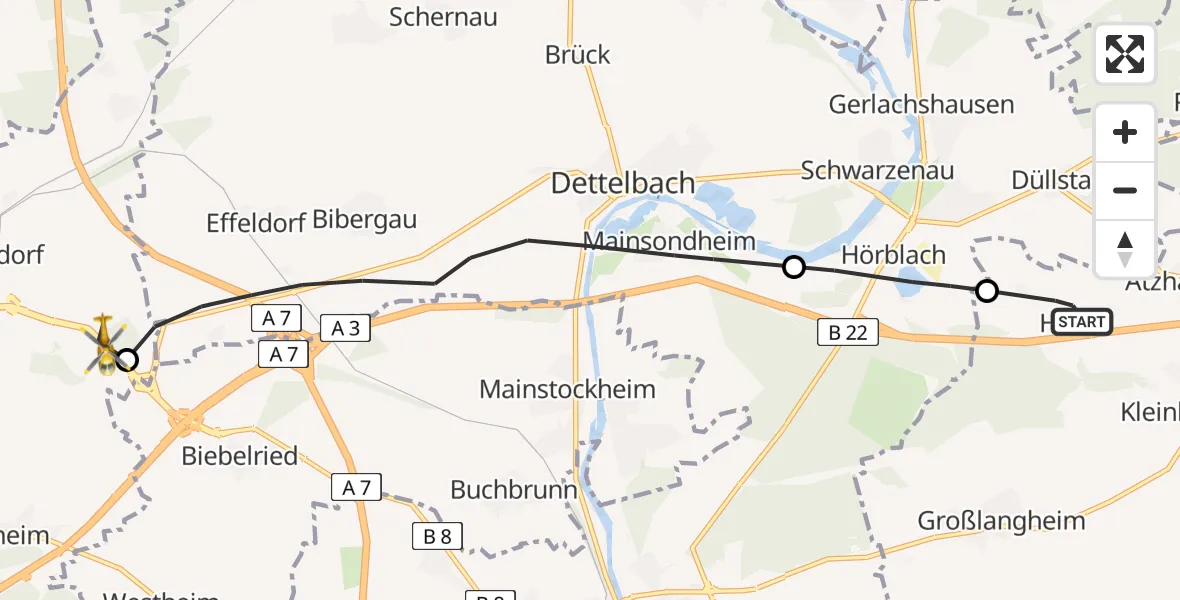 Flugroute Rettungshubschrauber Kleinlangheim - Rottendorf, 01 August 2026, 08:14