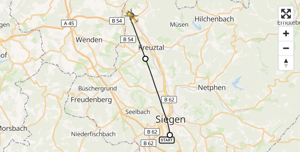 Flugroute Rettungshubschrauber Evangelisches Jung-Stilling Hospital - Kreuztal, 01 August 2026, 08:21