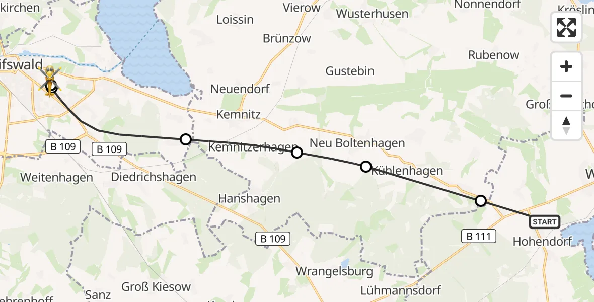 Flugroute Rettungshubschrauber Wolgast - Greifswald Hospital, 01 August 2026, 08:40