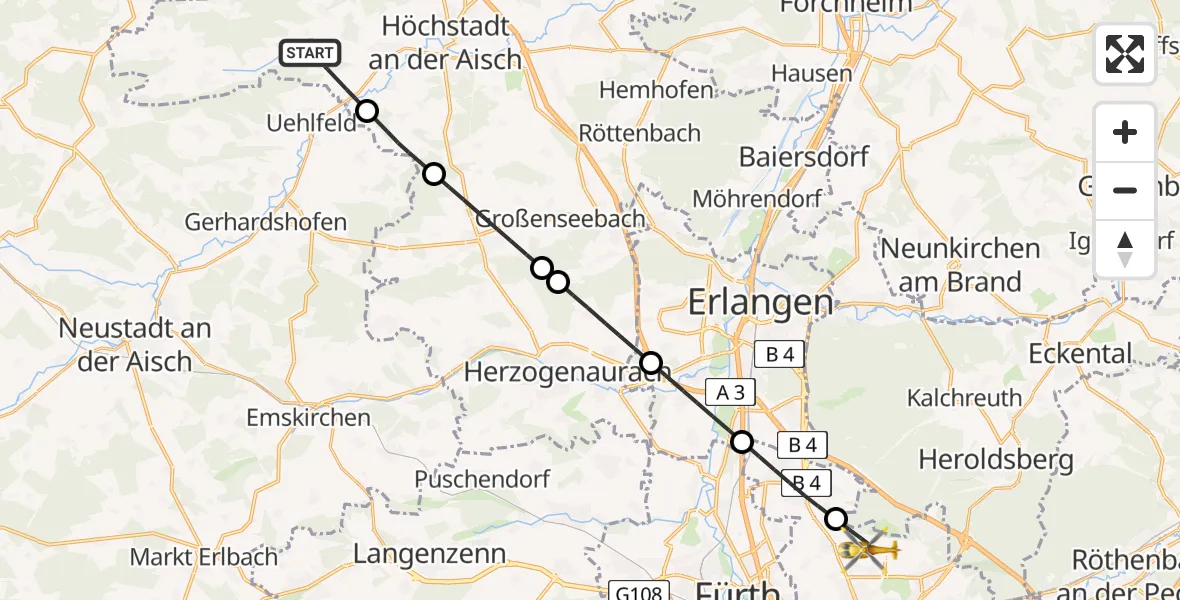 Flugroute Ambulanzhubschrauber Lonnerstadt - Flughafen Nuremberg, 01 August 2026, 08:52