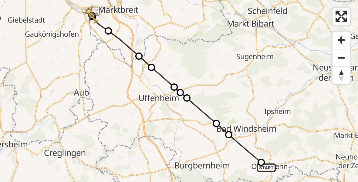 Flugroute Rettungshubschrauber Obernzenn - Ochsenfurt Hospital, 01 August 2026, 08:52