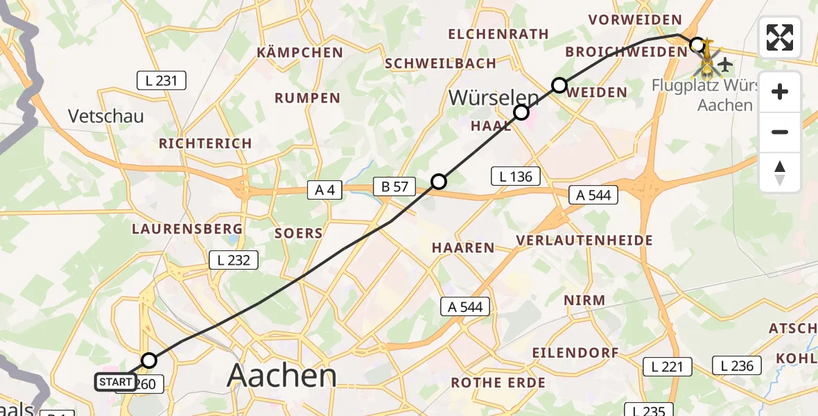 Flugroute Rettungshubschrauber Aachen Hospital - Aachen-Merzbrück Flughafen, 01 August 2026, 09:02