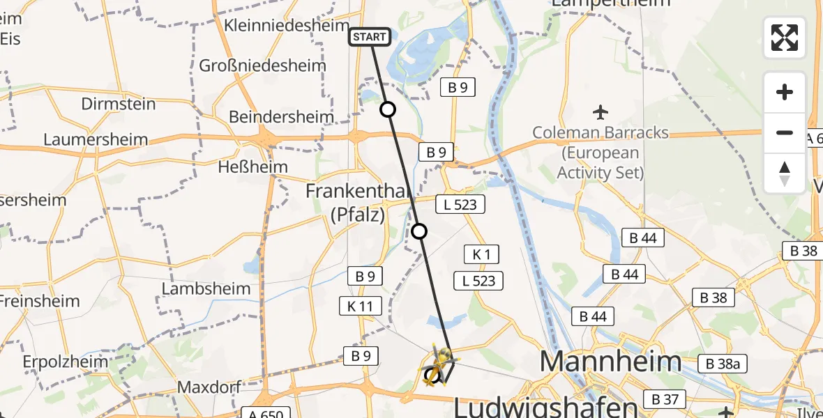 Flugroute Rettungshubschrauber Bobenheim-Roxheim - Ludwigshafen Accident Hospital, 01 August 2026, 09:04