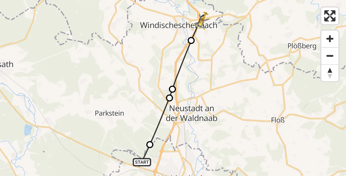 Flugroute Ambulanzhubschrauber Weiden i.d.OPf. - Windischeschenbach, 01 August 2026, 09:06