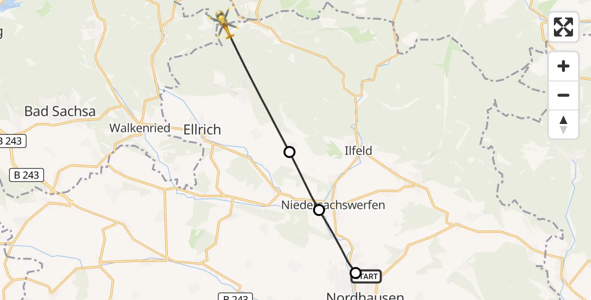 Flugroute Rettungshubschrauber Südharz Hospital Nordhausen - Ellrich, 01 August 2026, 09:07