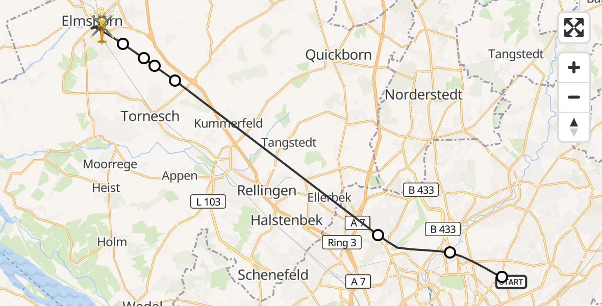 Flugroute Rettungshubschrauber Hamburg Military Hospital - Elmshorn, 01 August 2026, 09:08