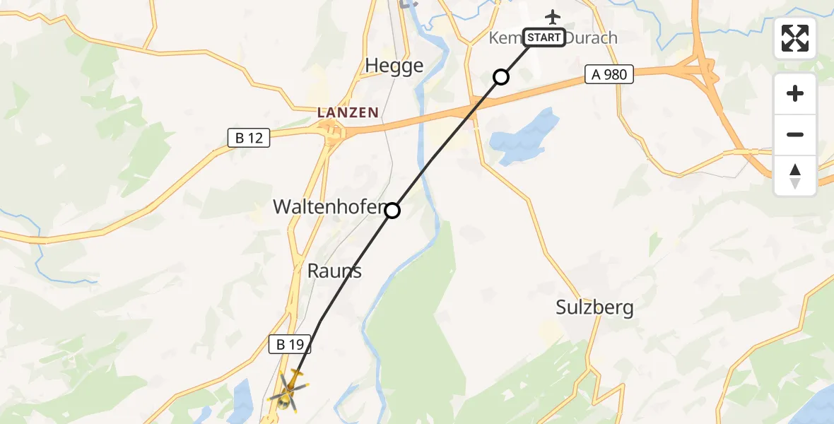 Flugroute Rettungshubschrauber Kempten-Durach Flugplatz - Waltenhofen, 01 August 2026, 09:09