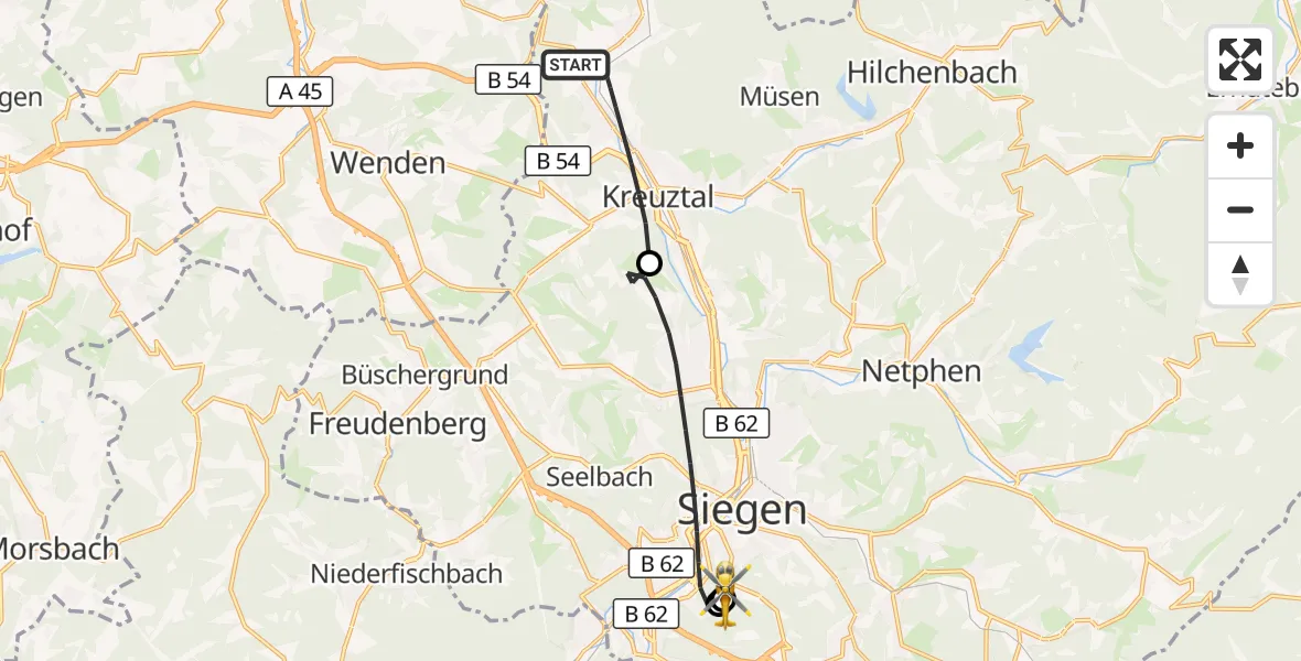 Flugroute Rettungshubschrauber Kreuztal - Evangelisches Jung-Stilling Hospital, 01 August 2026, 09:15
