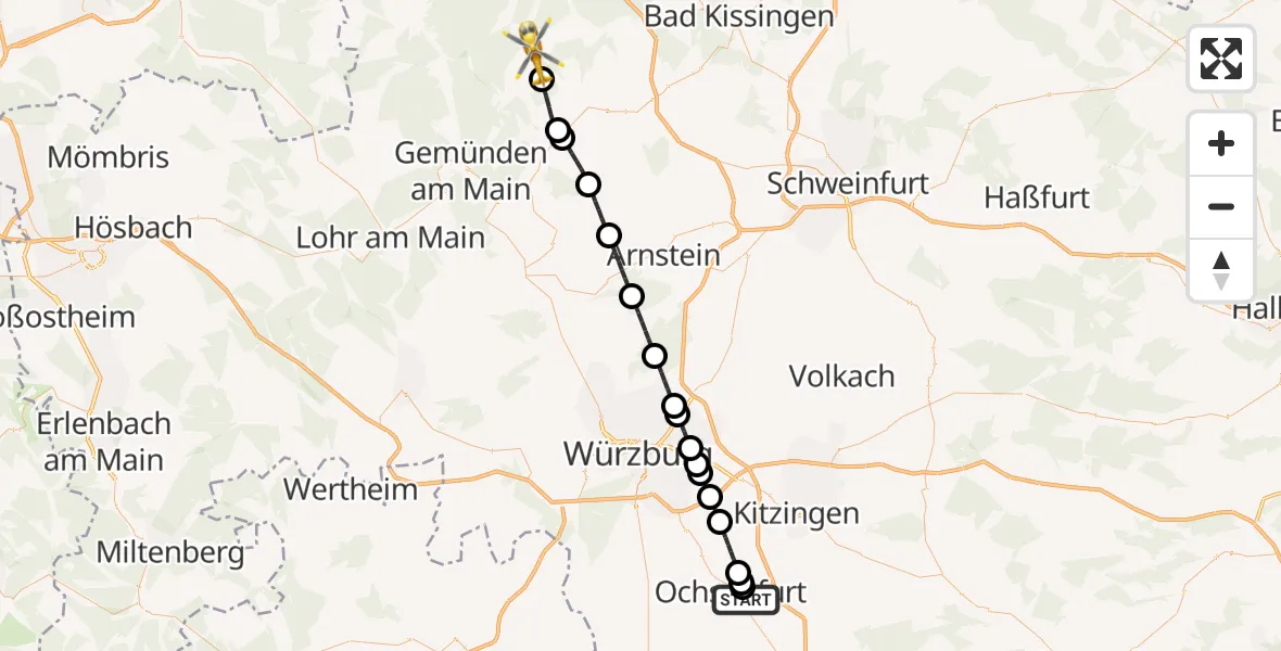 Flugroute Rettungshubschrauber Ochsenfurt Hospital - Wartmannsroth, 01 August 2026, 09:22