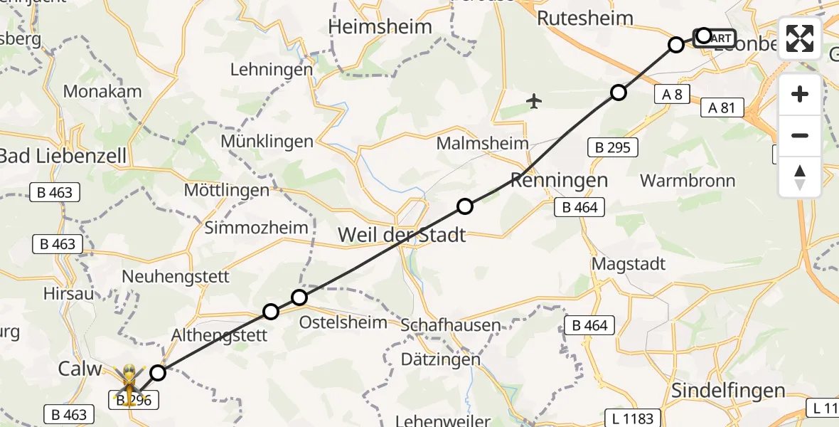 Flugroute Rettungshubschrauber Leonberg Hospital - Calw, 01 August 2026, 09:22