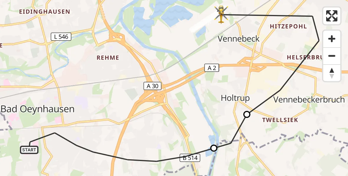 Flugroute Rettungshubschrauber Bad Oeynhausen - Porta Westfalica Flugplatz, 01 August 2026, 09:35