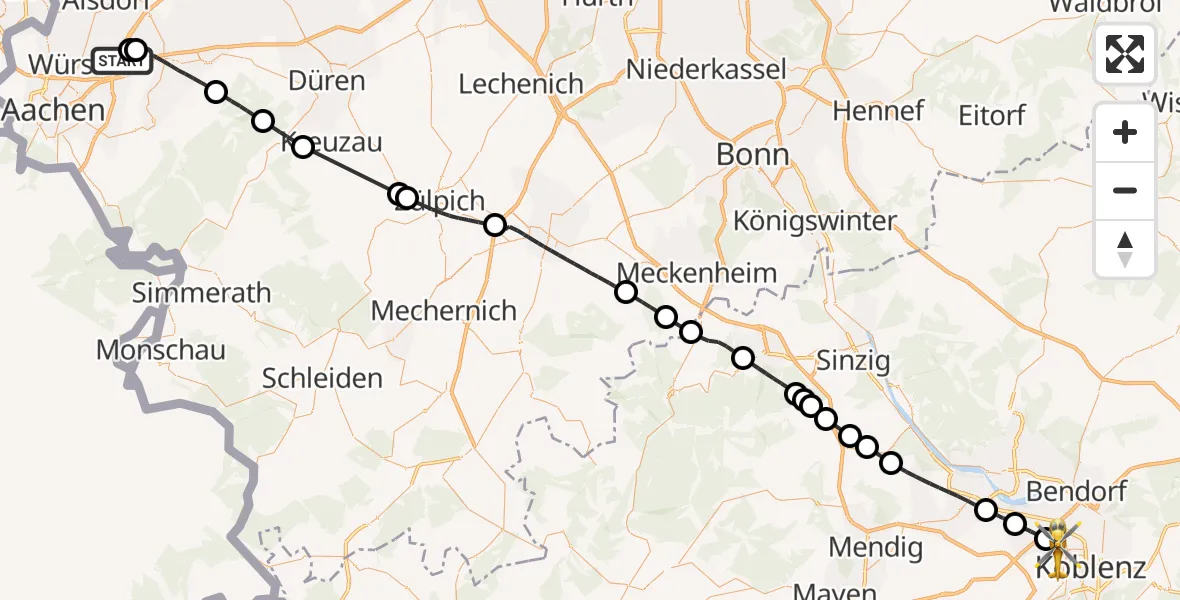Flugroute Rettungshubschrauber Aachen-Merzbrück Flughafen - Koblenz, 01 August 2026, 09:47