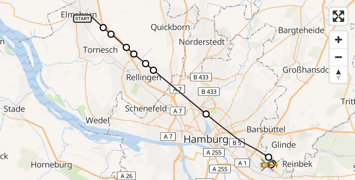 Flugroute Rettungshubschrauber Elmshorn - Christoph Hansa ADAC Hubschrauberlandeplatz, 01 August 2026, 09:49