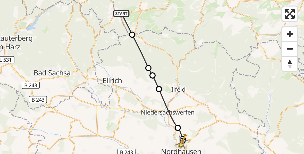 Flugroute Rettungshubschrauber Oberharz am Brocken - Südharz Hospital Nordhausen, 01 August 2026, 09:57