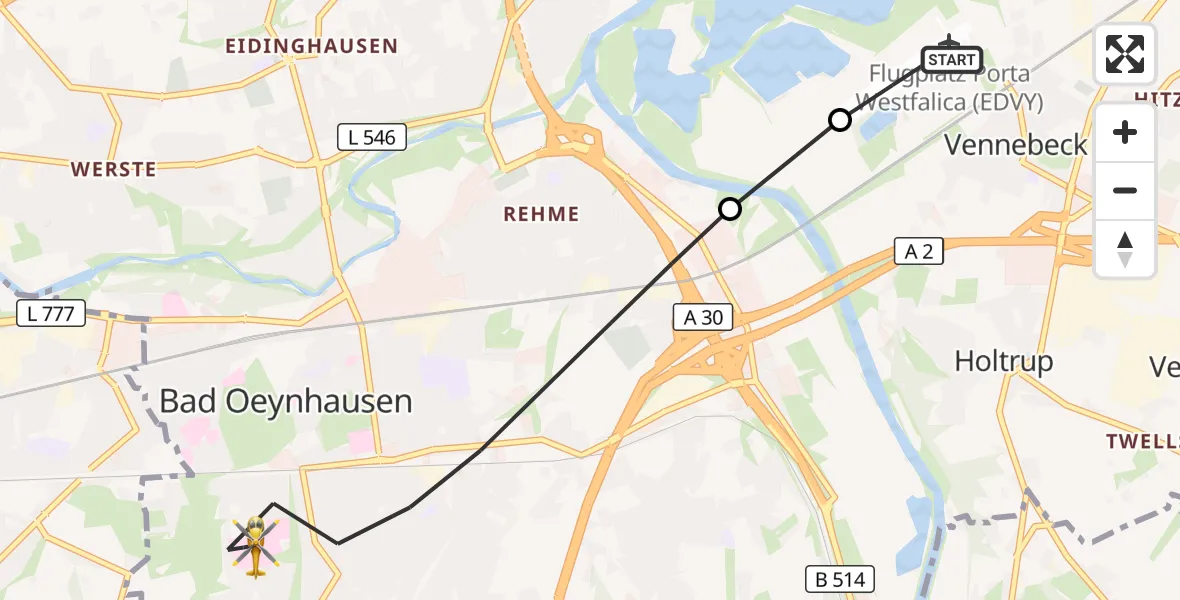 Flugroute Rettungshubschrauber Porta Westfalica Flugplatz - Bad Oeynhausen, 01 August 2026, 10:04