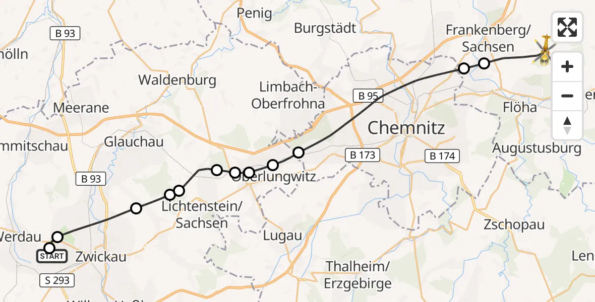 Flugroute Rettungshubschrauber ADAC Air Rescue Station Zwickau Hubschrauberlandeplatz - Frankenberg/Sa., 01 August 2026, 10:15