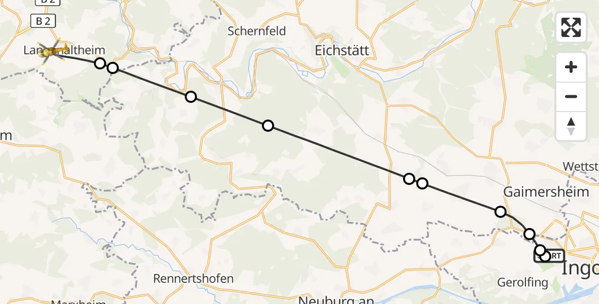 Flugroute Rettungshubschrauber Ingolstadt Hospital - Langenaltheim, 01 August 2026, 10:15