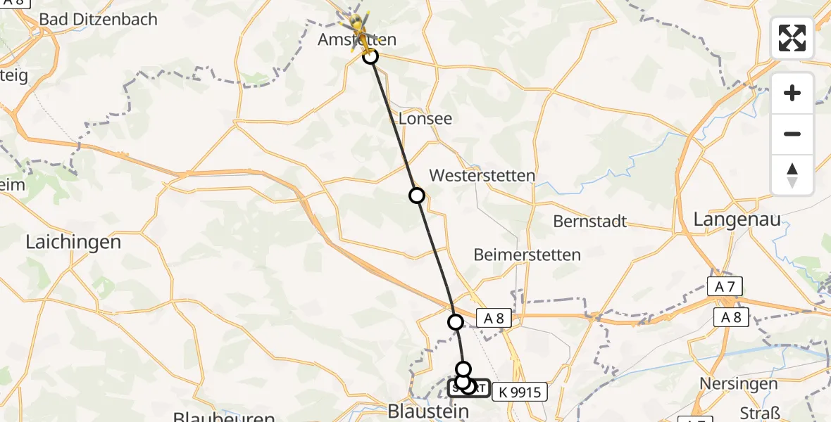 Flugroute Rettungshubschrauber Ulm Military Hospital Emergency - Amstetten, 01 August 2026, 10:18