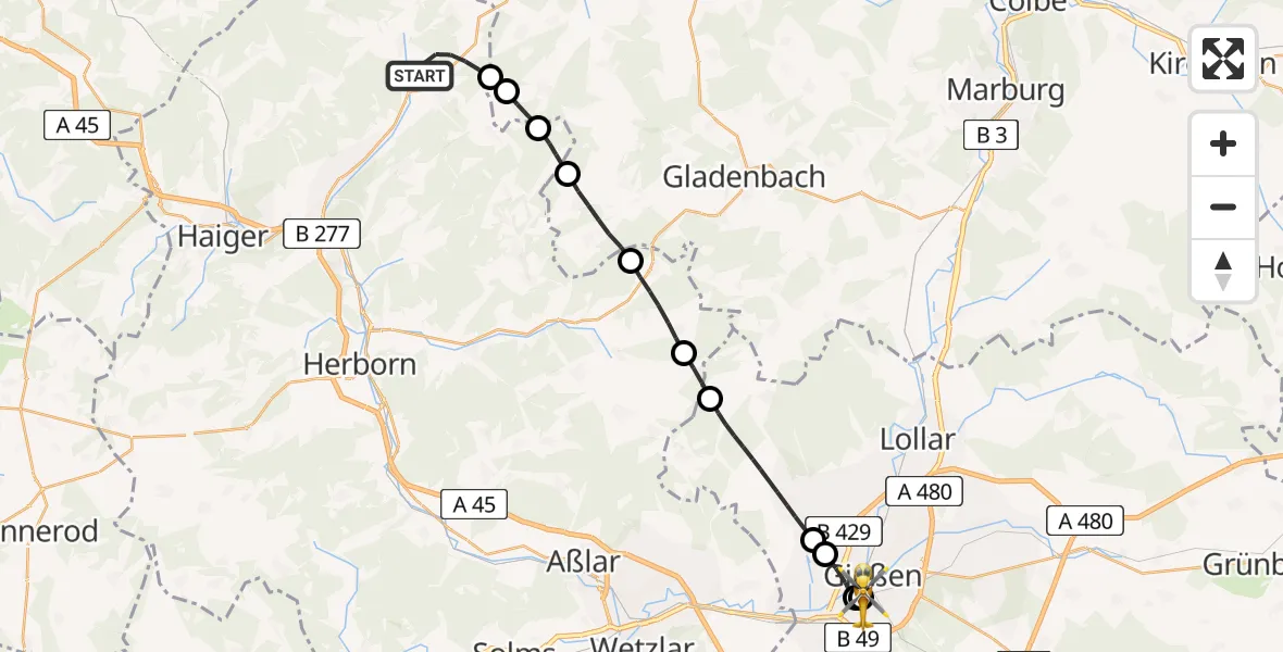 Flugroute Rettungshubschrauber Eschenburg - Gießen University Hospital, 01 August 2026, 10:30