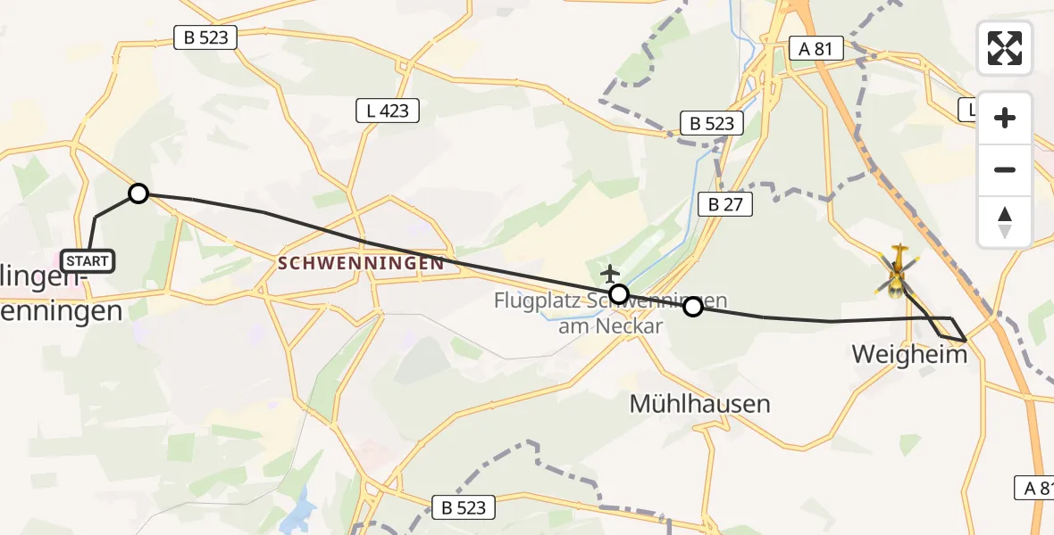 Flugroute Ambulanzhubschrauber DRF Air Rescue Station Villingen-Schwenningen Hubschrauberlandeplatz (Christoph 11) - Villingen-Schwenningen, 01 August 2026, 10:41