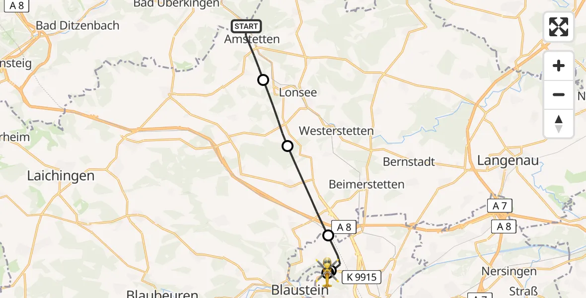Flugroute Rettungshubschrauber Amstetten - ADAC Air Rescue Station Ulm (Christoph 22), 01 August 2026, 11:01