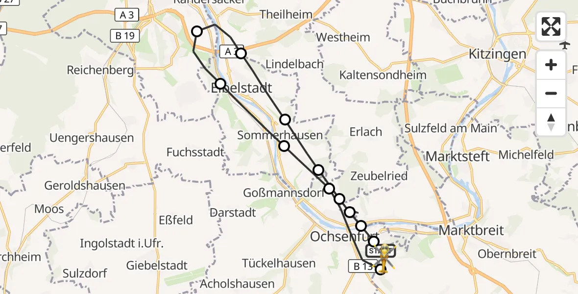Flugroute Rettungshubschrauber Ochsenfurt Hospital - Marktbreit, 01 August 2026, 11:03