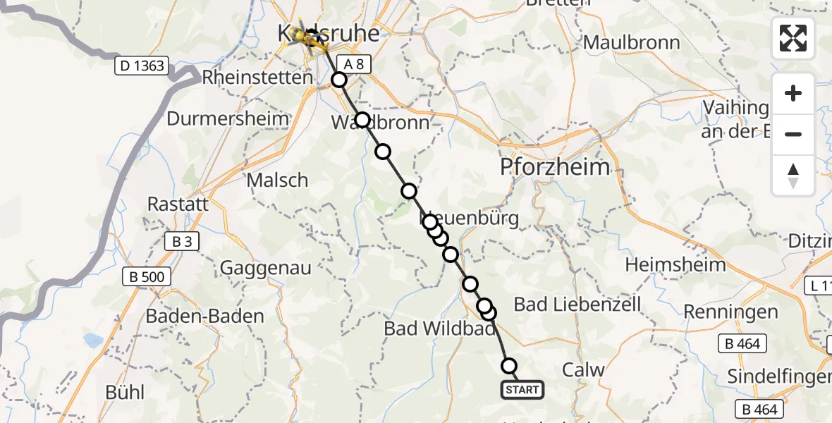 Flugroute Ambulanzhubschrauber Bad Teinach-Zavelstein - Sankt Vincentius Hospital, 01 August 2026, 11:10