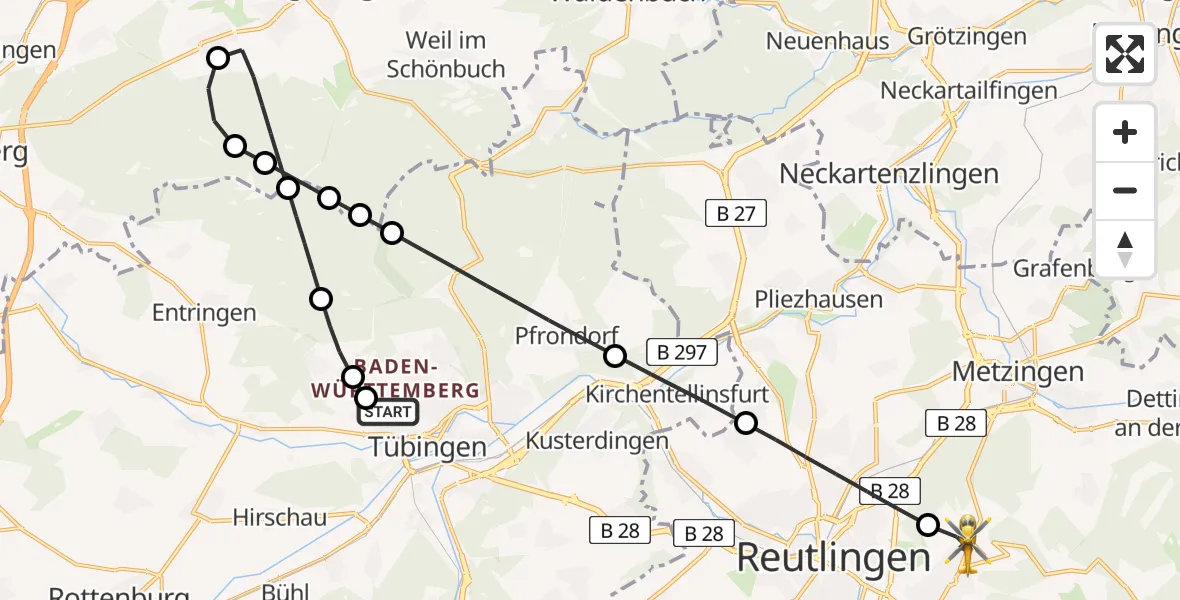 Flugroute Rettungshubschrauber Tübingen University Hospital - Eningen unter Achalm, 01 August 2026, 11:12