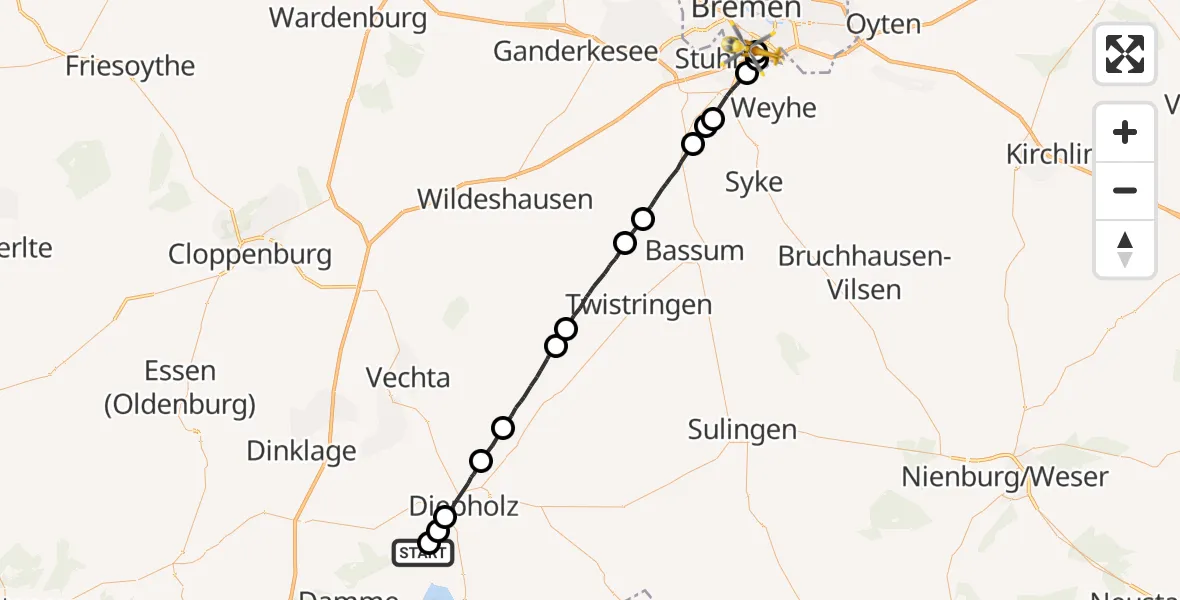 Flugroute Rettungshubschrauber Damme - ADAC Air Rescue Station Bremen Hubschrauberlandeplatz (Christoph 6), 01 August 2026, 11:12