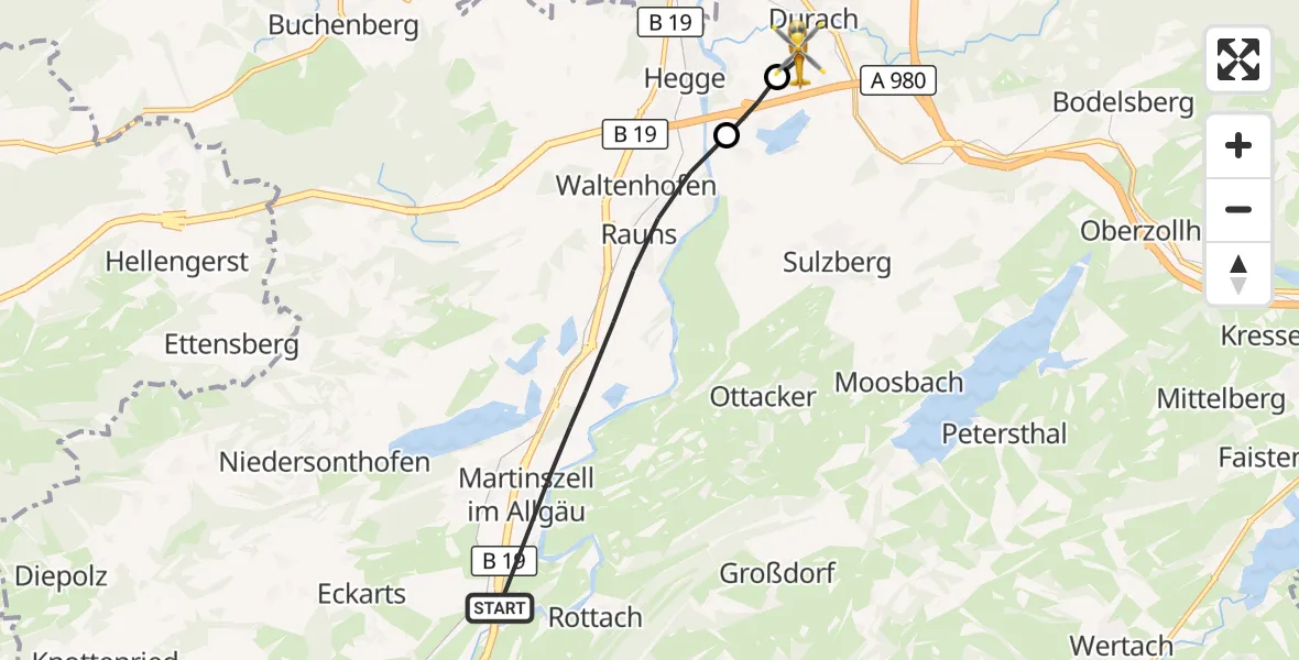 Flugroute Rettungshubschrauber Waltenhofen - Kempten-Durach Flugplatz, 01 August 2026, 11:15